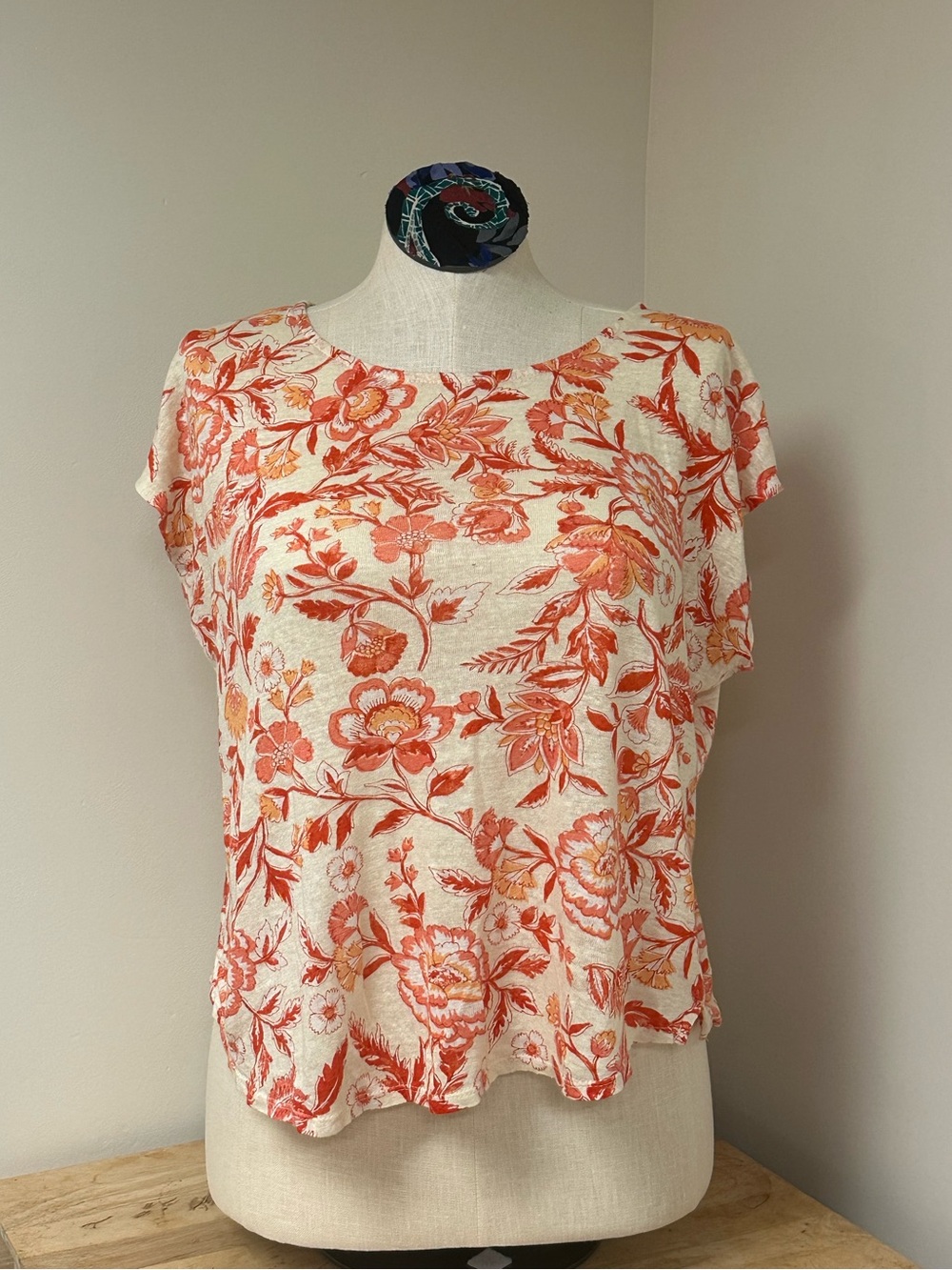 Rachel Zoe Top‎ Womens XL Red Orange Floral Print 100% Linen Shirt Short Sleeve